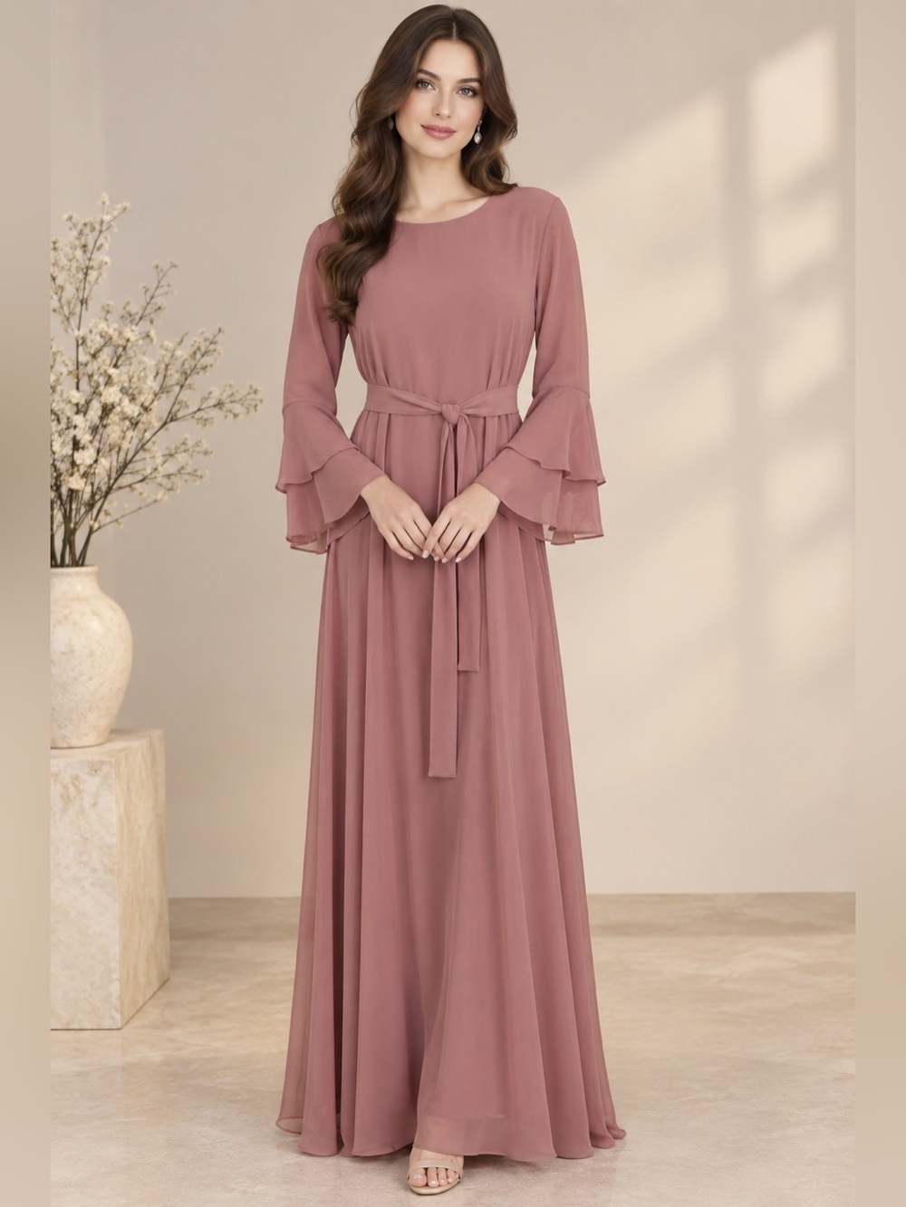 Elegant Long Sleeve Ruffle Maxi Dress - Dusty Rose